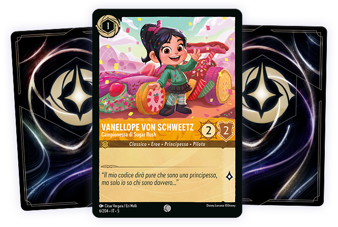 Trio of cards; two have their backs in view, and in the center is a card of Vanellope