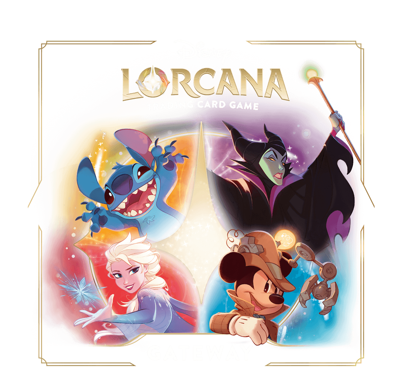 Lorcana Gateway header featuring Stitch, Elsa, Mickey, and Maleficent