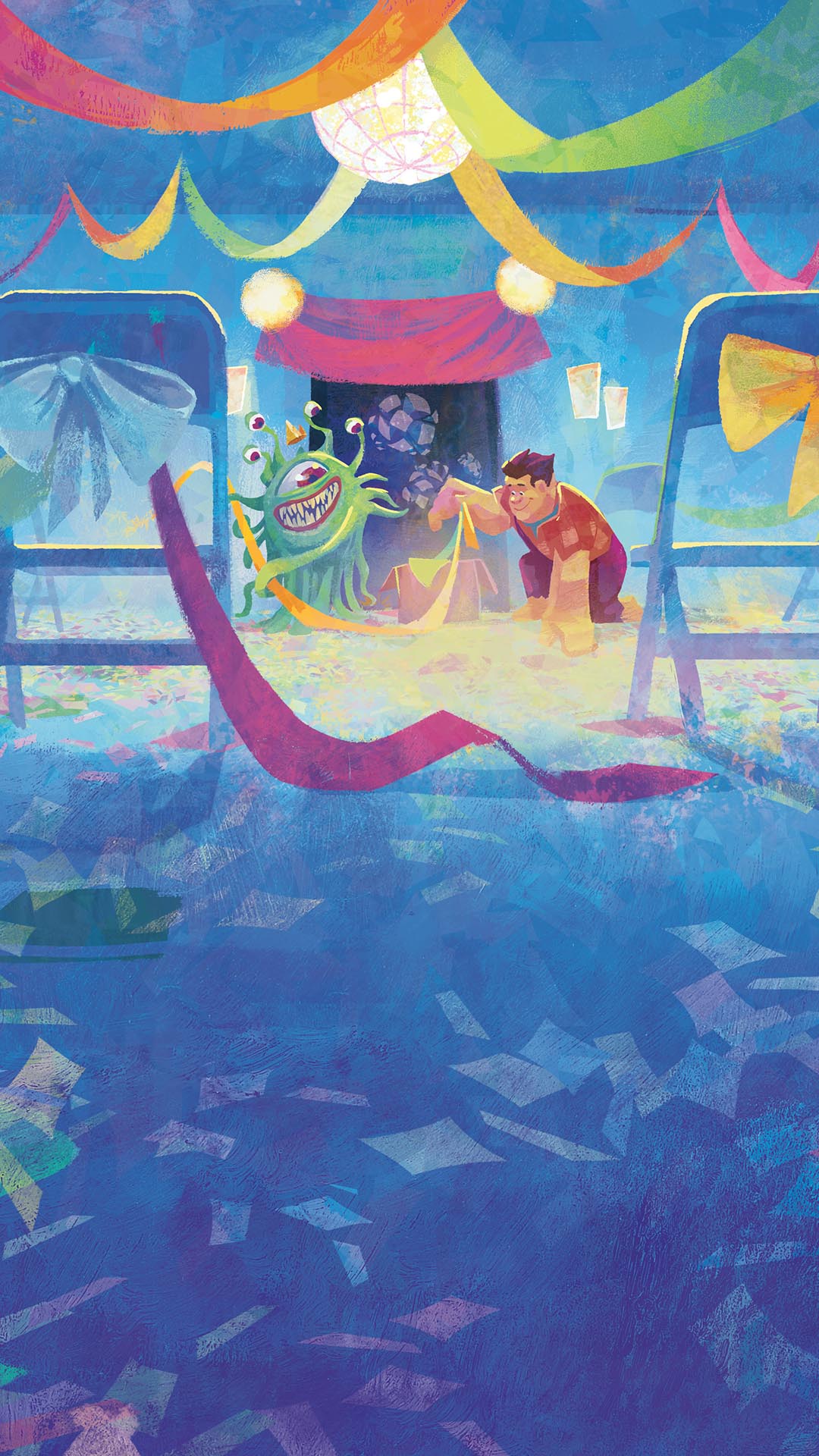 Decorative background image of Wreck-It Ralph cleaning up a celebration room