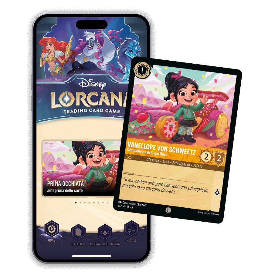 Image of Disney Lorcana app on a phone, overlaid with an example of the Vanellope von Schweetz card.