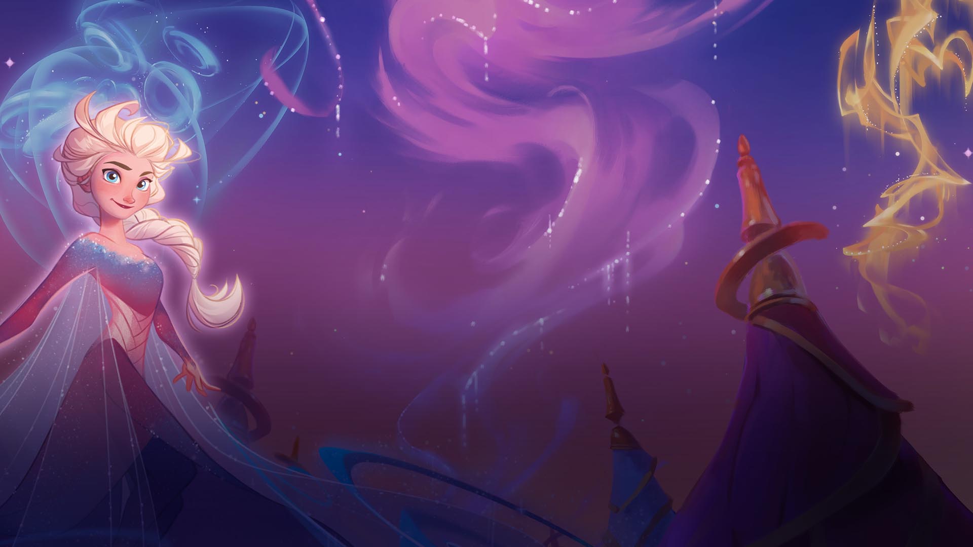 Decorative background image showing Elsa on the left and swirling designs on the right