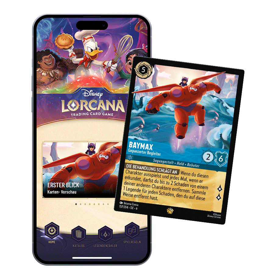 Image of Disney Lorcana app on a phone, overlaid with an example of the Baymax - Armored Companion card.