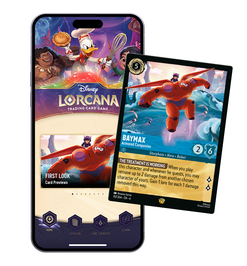 Image of Disney Lorcana app on a phone, overlaid with an example of the Baymax - Armored Companion card.